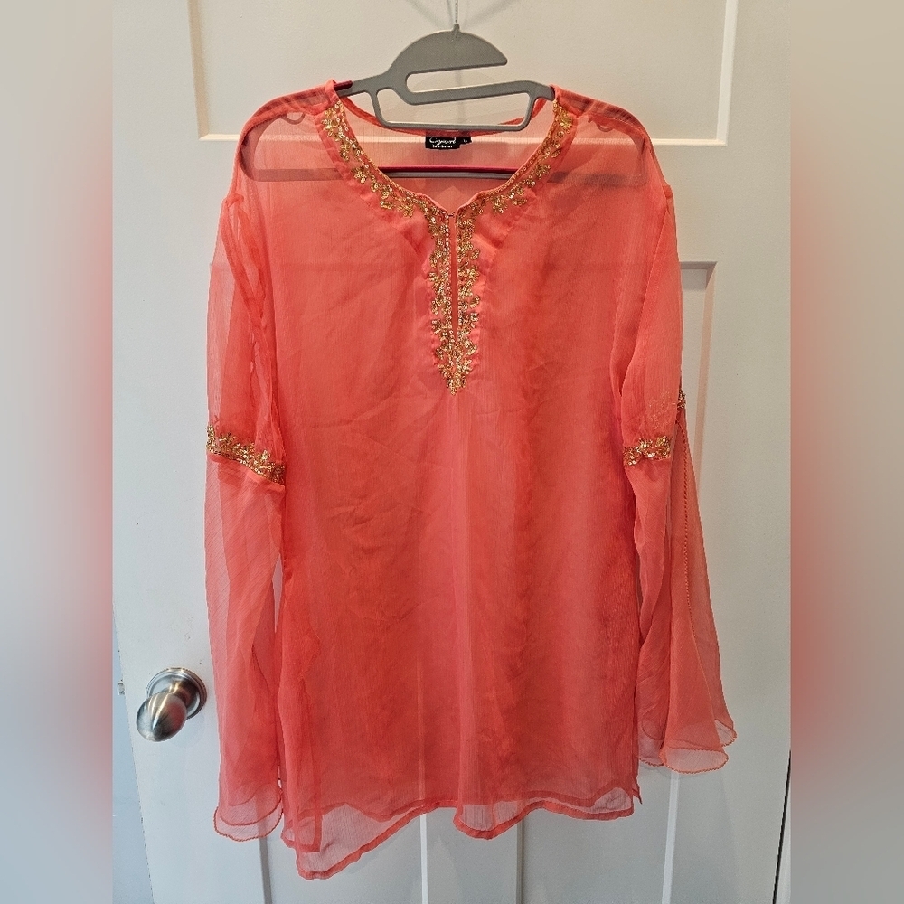 Beachwear Coral Sheer Tunic Cover-Up Sequin Embroidered Women’s L